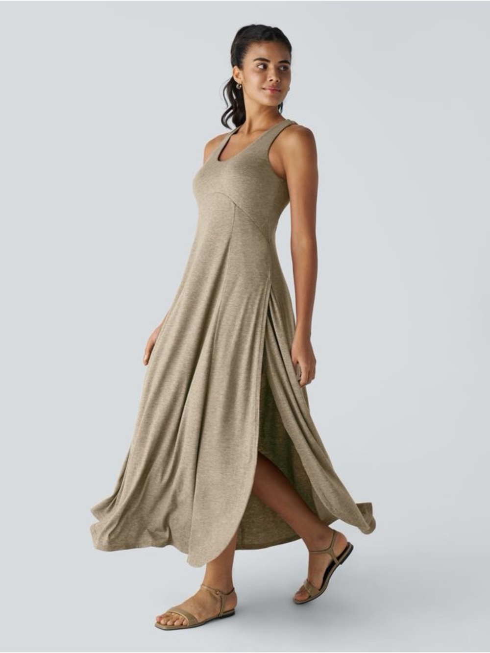 Halara Sleeveless Taupe Maxi Dress with Side Slit